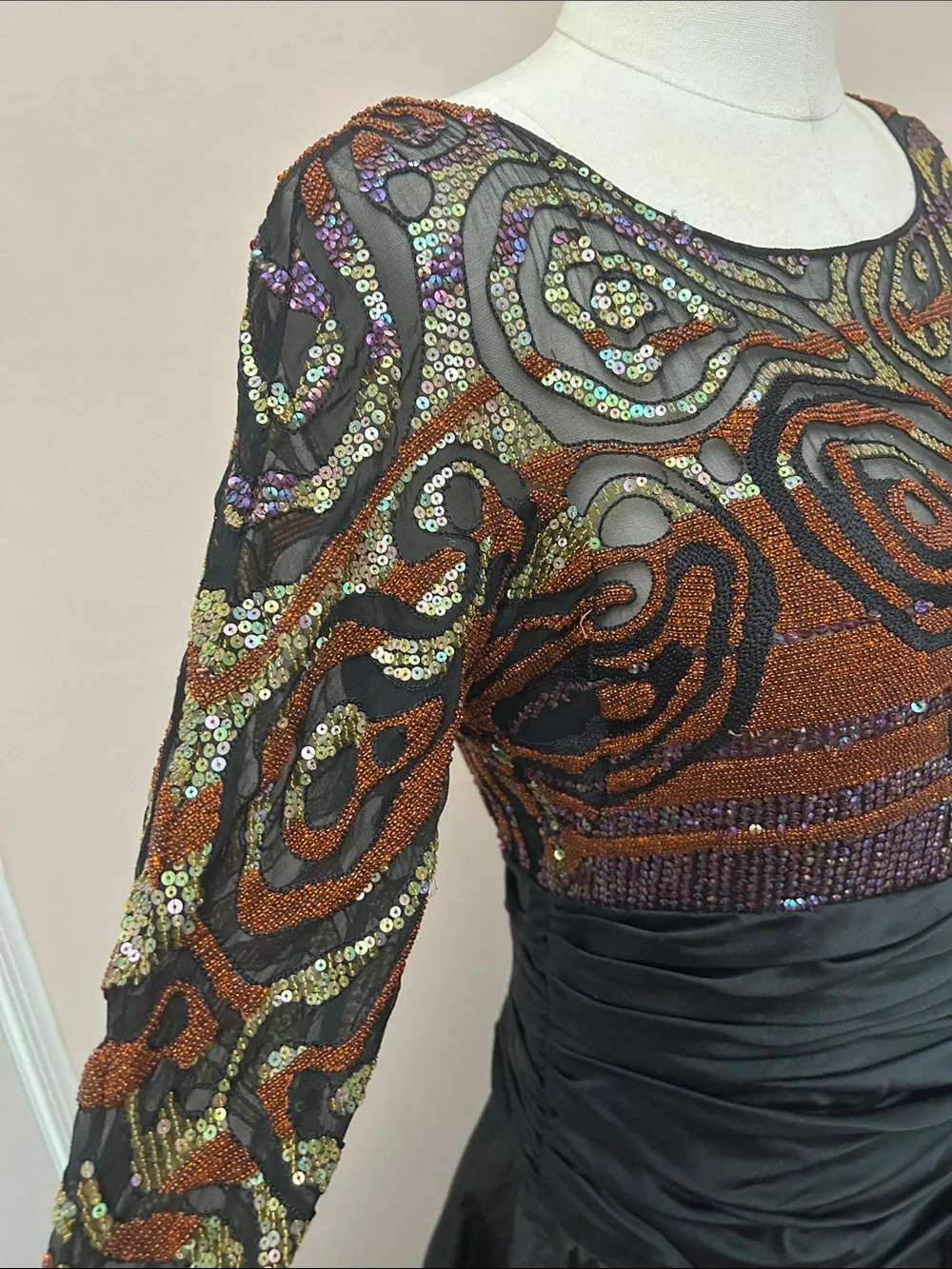 VTG  Neil Bieff Sequin beaded top maxi taffeta tulle lined cocktail opera dress